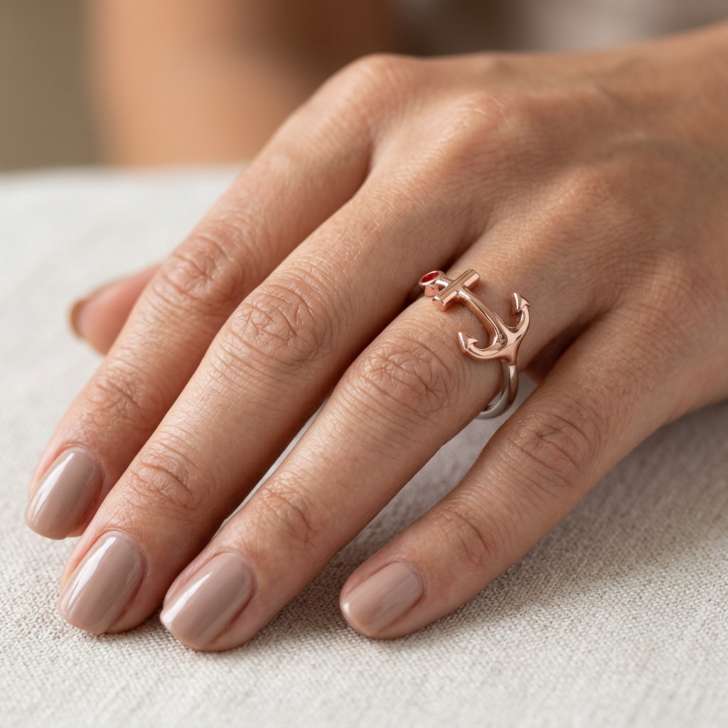 Two Tone Rose Gold Plated Sterling Silver Sideways Anchor Ring for Women model