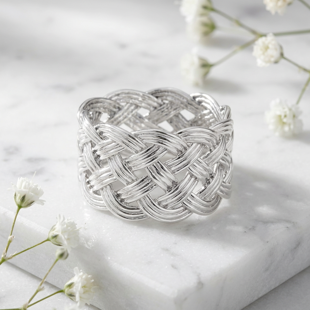 Sterling Silver Wide Woven Basketweave Statement Ring for Women life1