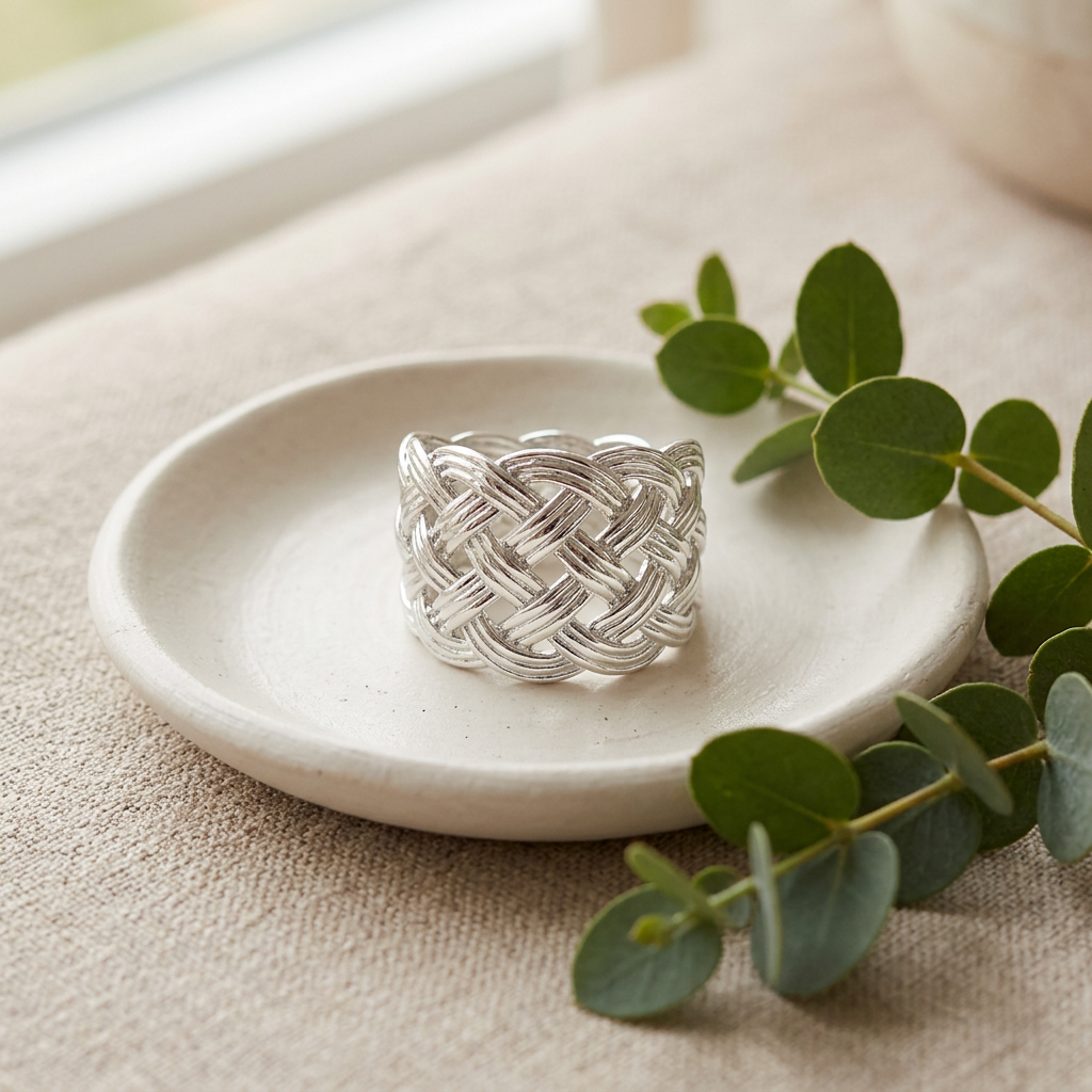 Sterling Silver Wide Woven Basketweave Statement Ring for Women life2