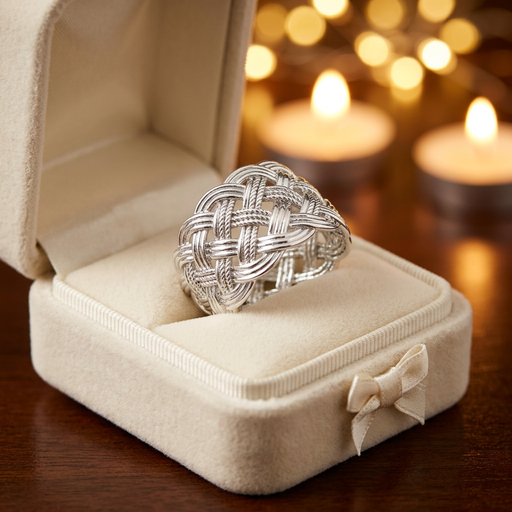 Sterling Silver Wide Woven Basketweave Statement Ring for Women life3
