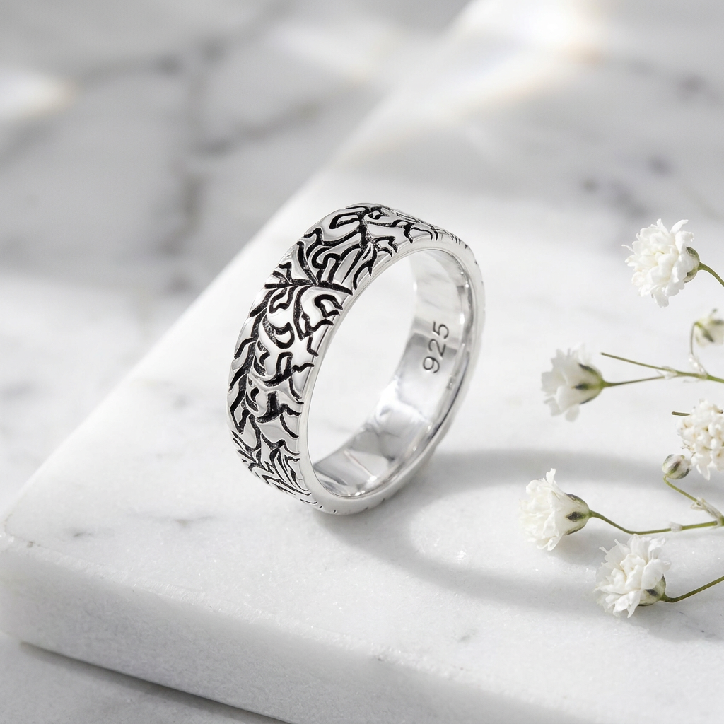Sterling Silver 5.6mm Carved Leaf Branch Engraved Band Ring for Women life1