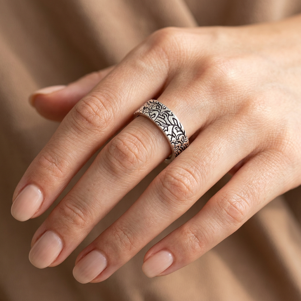 Sterling Silver 5.6mm Carved Leaf Branch Engraved Band Ring for Women model