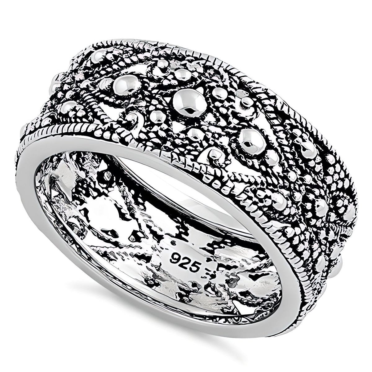 Sterling Silver 8.5mm Oxidized Beaded Evil Eye Lattice Wide Band Ring for Women