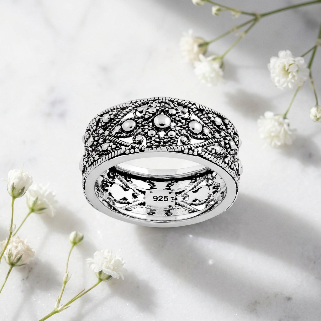Sterling Silver 8.5mm Oxidized Beaded Evil Eye Lattice Wide Band Ring for Women life1