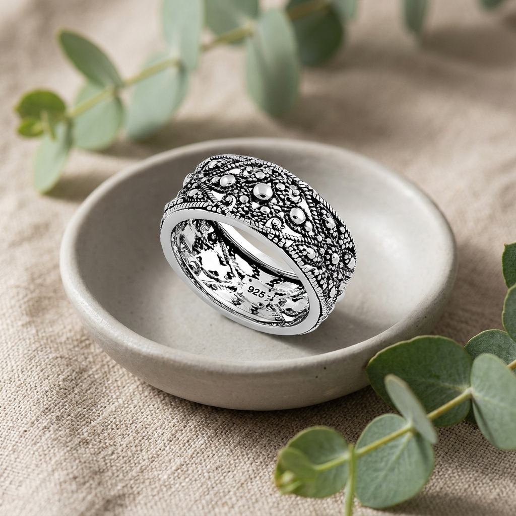 Sterling Silver 8.5mm Oxidized Beaded Evil Eye Lattice Wide Band Ring for Women life2