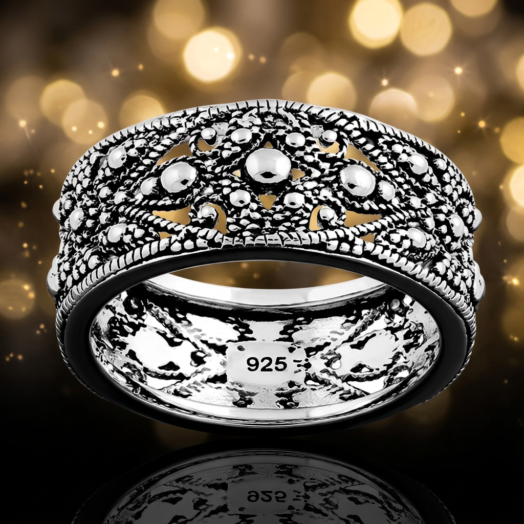 Sterling Silver 8.5mm Oxidized Beaded Evil Eye Lattice Wide Band Ring for Women life4