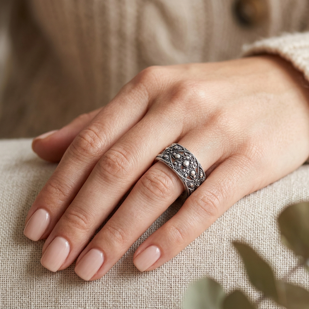 Sterling Silver 8.5mm Oxidized Beaded Evil Eye Lattice Wide Band Ring for Women model