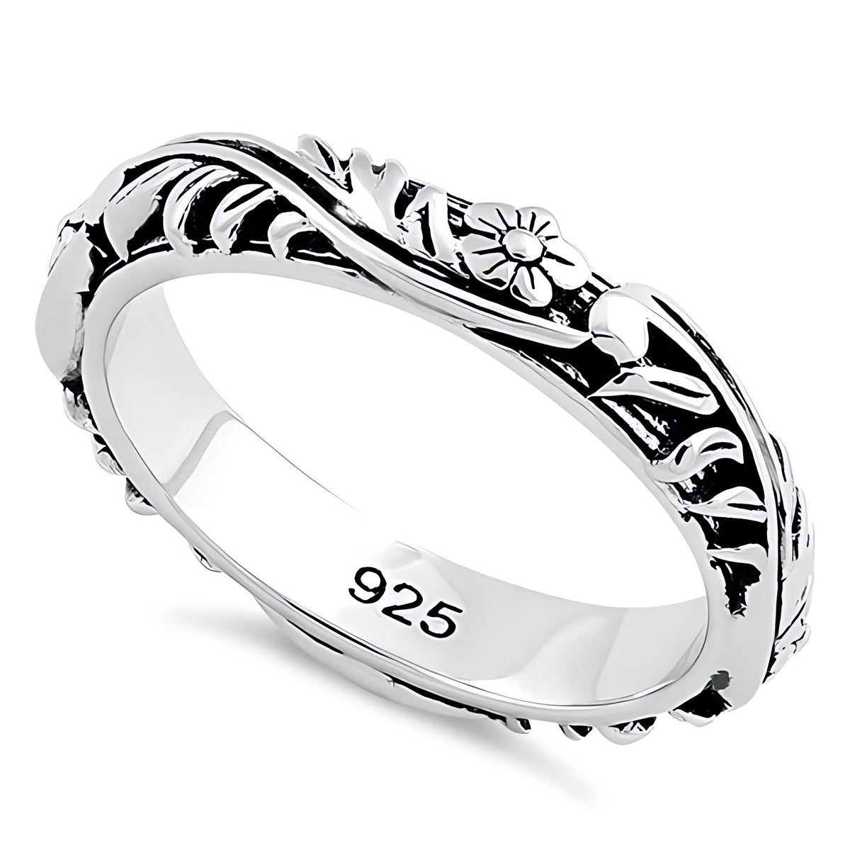 Sterling Silver 3.5mm Oxidized Flower and Leaf Vine Eternity Band Ring for Women