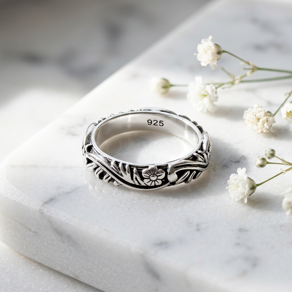 Sterling Silver 3.5mm Oxidized Flower and Leaf Vine Eternity Band Ring for Women life1