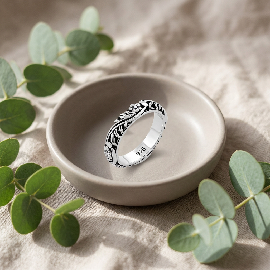 Sterling Silver 3.5mm Oxidized Flower and Leaf Vine Eternity Band Ring for Women life2