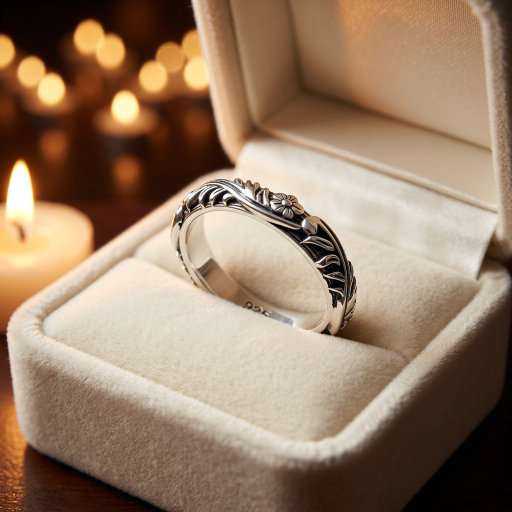 Sterling Silver 3.5mm Oxidized Flower and Leaf Vine Eternity Band Ring for Women life3
