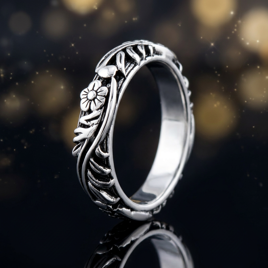 Sterling Silver 3.5mm Oxidized Flower and Leaf Vine Eternity Band Ring for Women life4