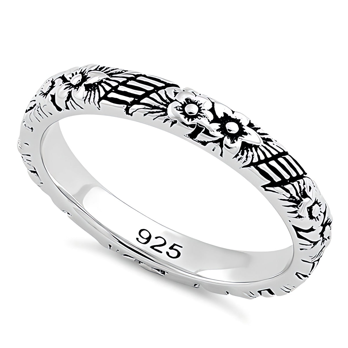 Sterling Silver 3mm Oxidized Engraved Flower Garden Stacking Band Ring for Women