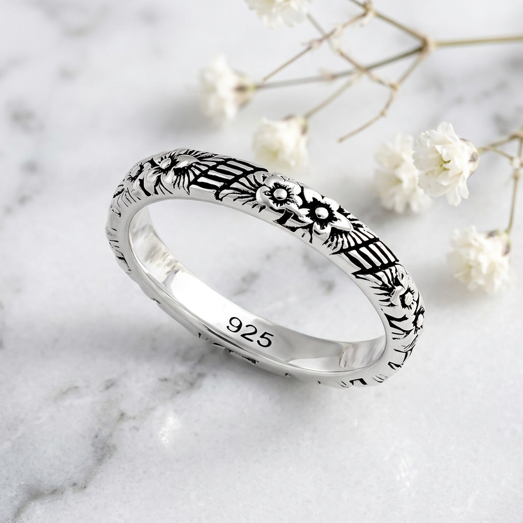 Sterling Silver 3mm Oxidized Engraved Flower Garden Stacking Band Ring for Women life1
