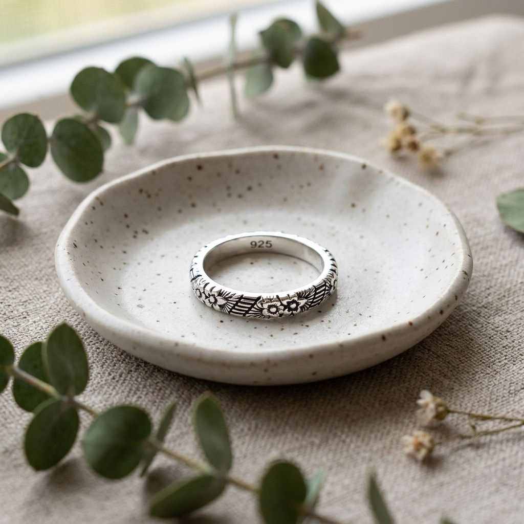 Sterling Silver 3mm Oxidized Engraved Flower Garden Stacking Band Ring for Women life2