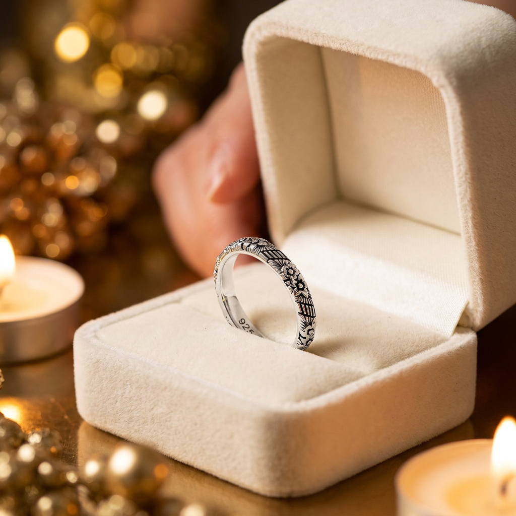 Sterling Silver 3mm Oxidized Engraved Flower Garden Stacking Band Ring for Women life3