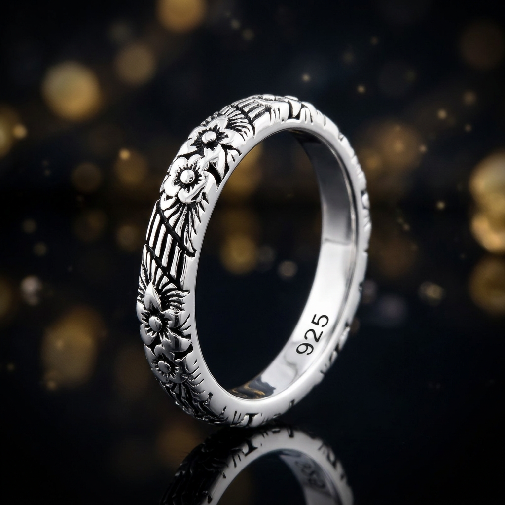 Sterling Silver 3mm Oxidized Engraved Flower Garden Stacking Band Ring for Women life4
