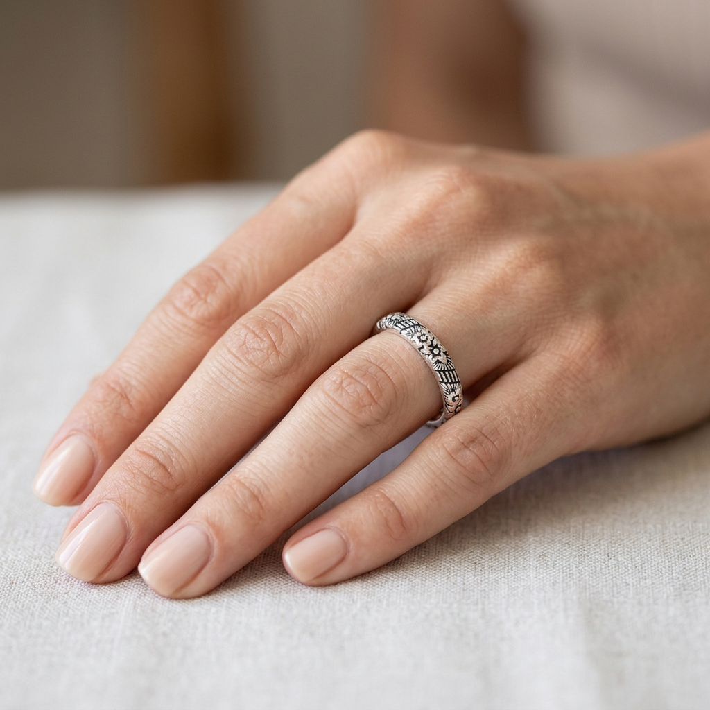 Sterling Silver 3mm Oxidized Engraved Flower Garden Stacking Band Ring for Women model