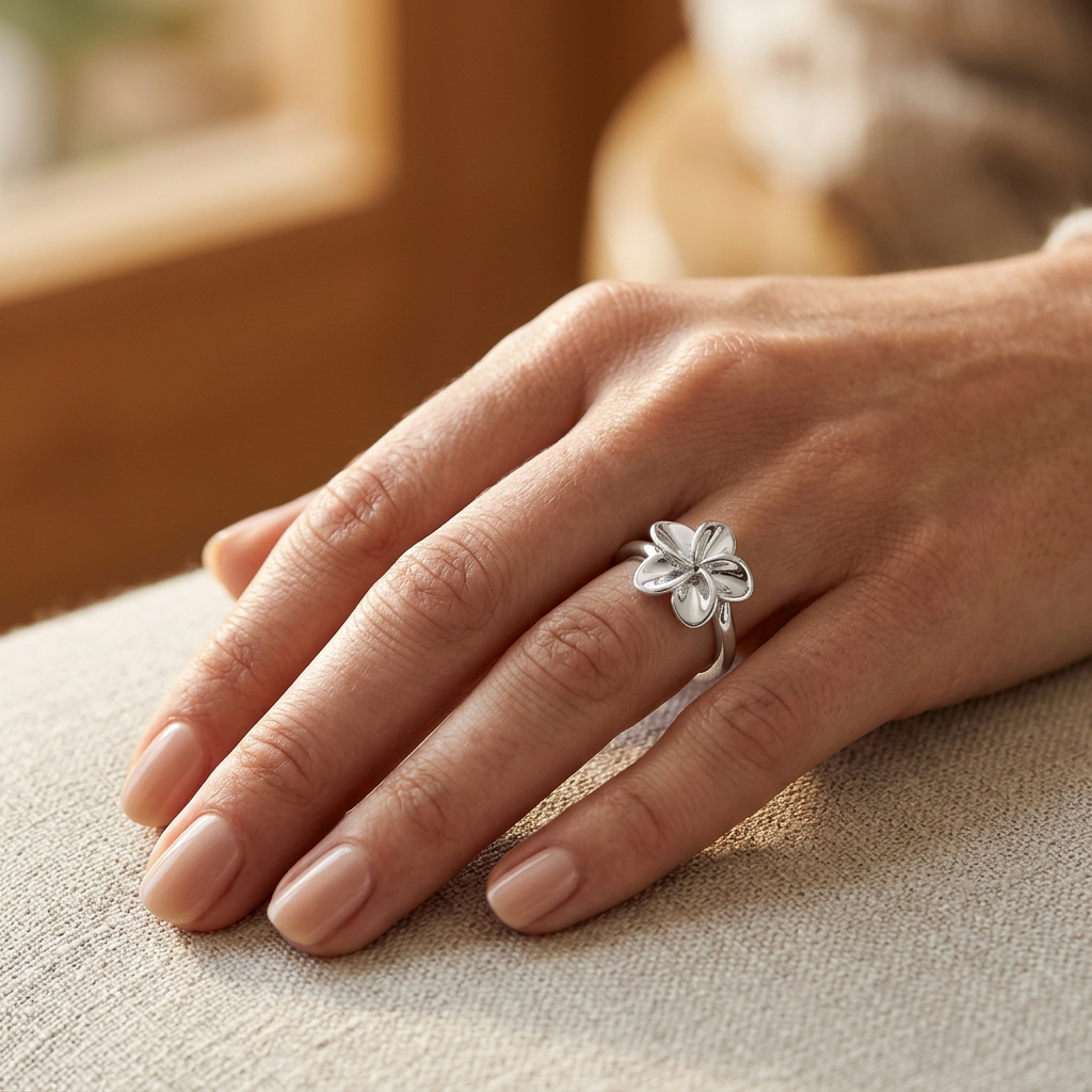 Sterling Silver Plumeria Flower Stacking Ring for Women model