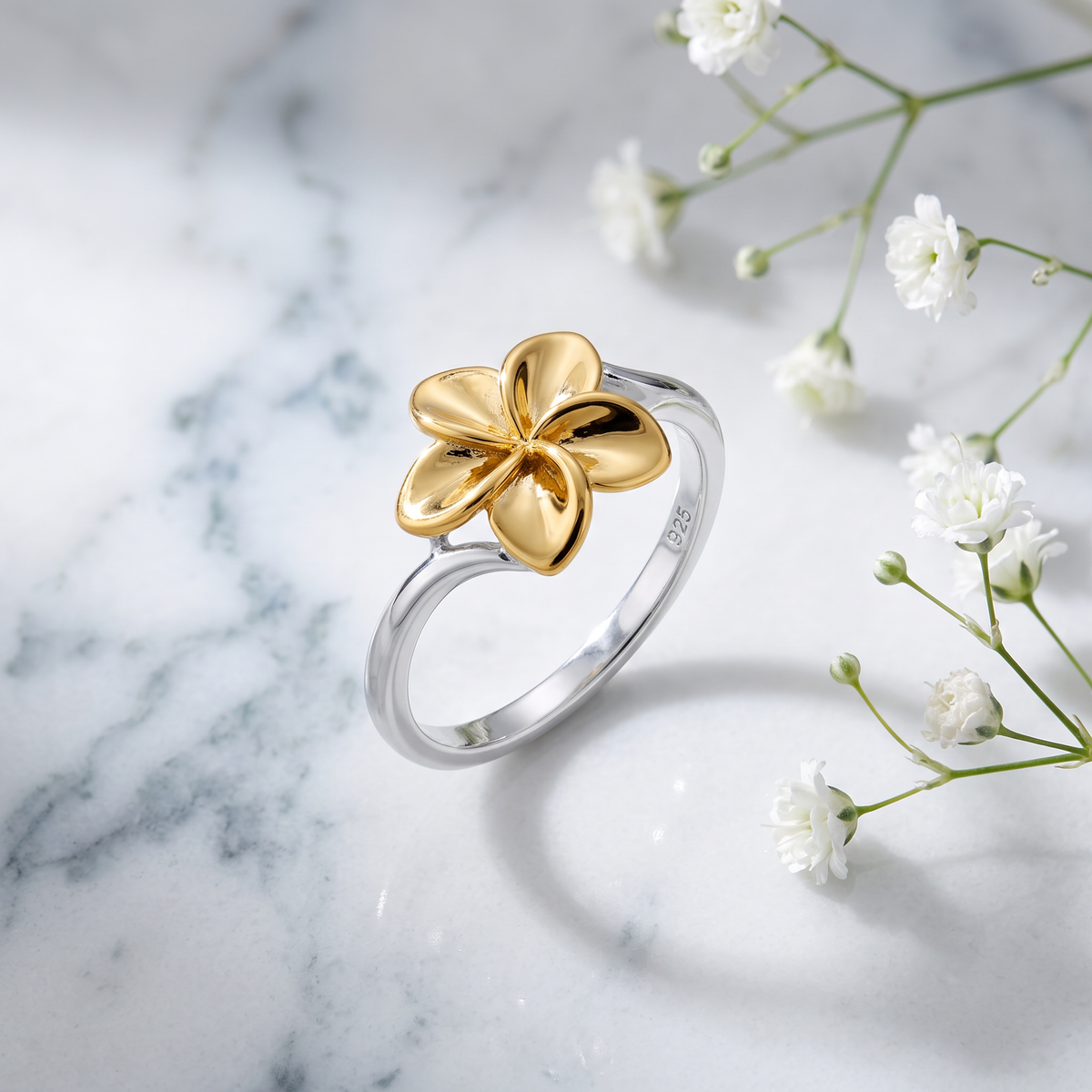 Gold Plated Sterling Silver Two Tone Plumeria Flower Ring for Women life1
