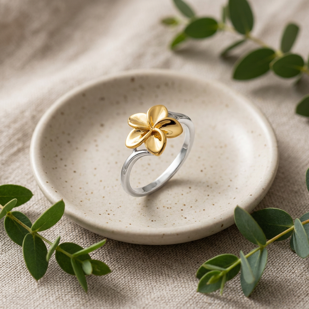 Gold Plated Sterling Silver Two Tone Plumeria Flower Ring for Women life2