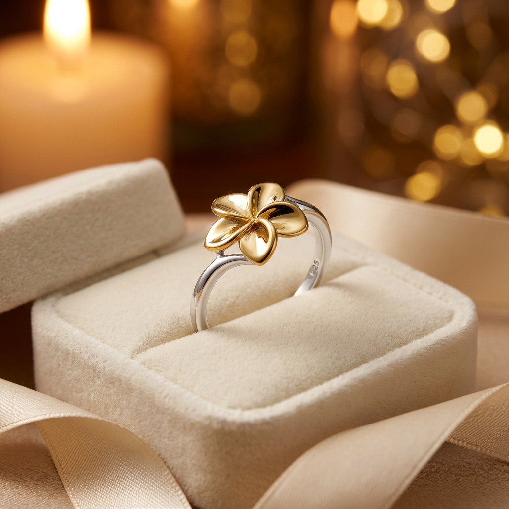 Gold Plated Sterling Silver Two Tone Plumeria Flower Ring for Women life3