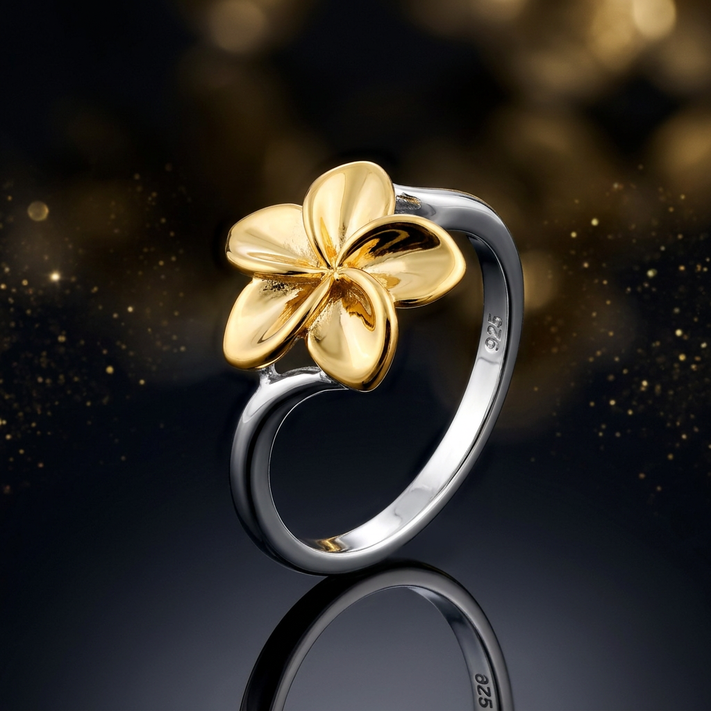 Gold Plated Sterling Silver Two Tone Plumeria Flower Ring for Women life4