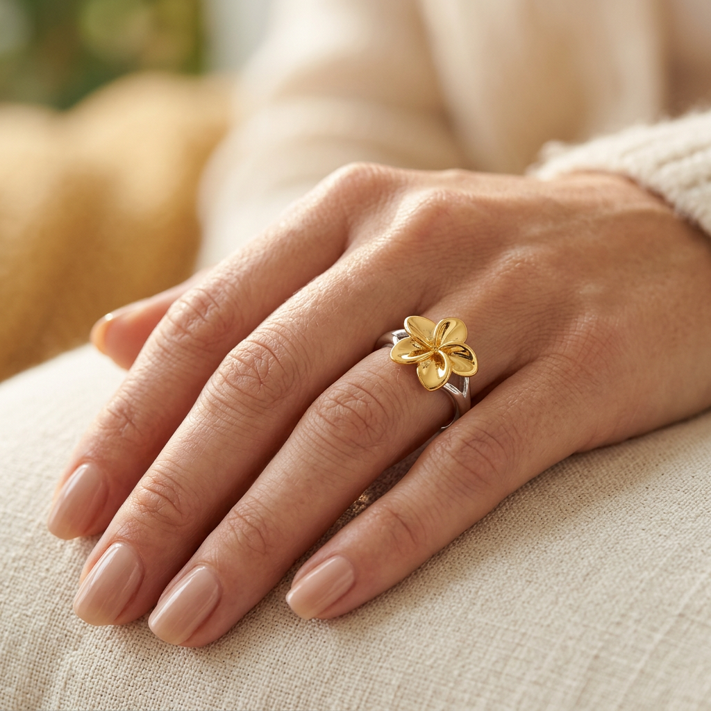 Gold Plated Sterling Silver Two Tone Plumeria Flower Ring for Women model