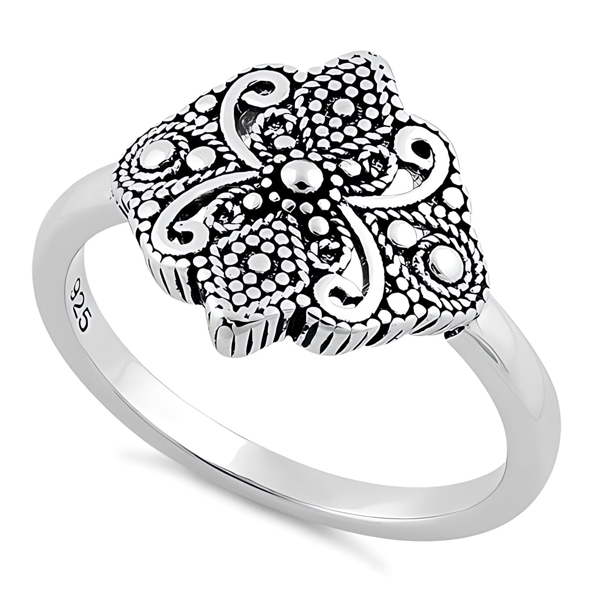 Sterling Silver Oxidized Bali Beaded Four Petal Scroll Ring for Women