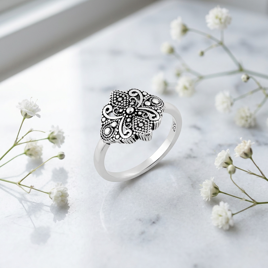 Sterling Silver Oxidized Bali Beaded Four Petal Scroll Ring for Women life1