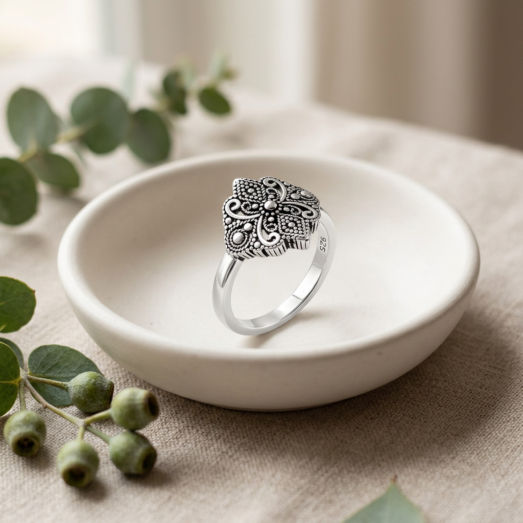 Sterling Silver Oxidized Bali Beaded Four Petal Scroll Ring for Women life2
