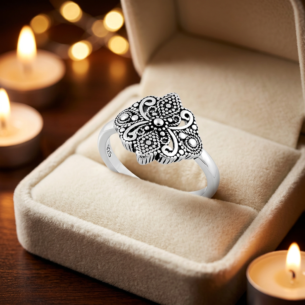 Sterling Silver Oxidized Bali Beaded Four Petal Scroll Ring for Women life3