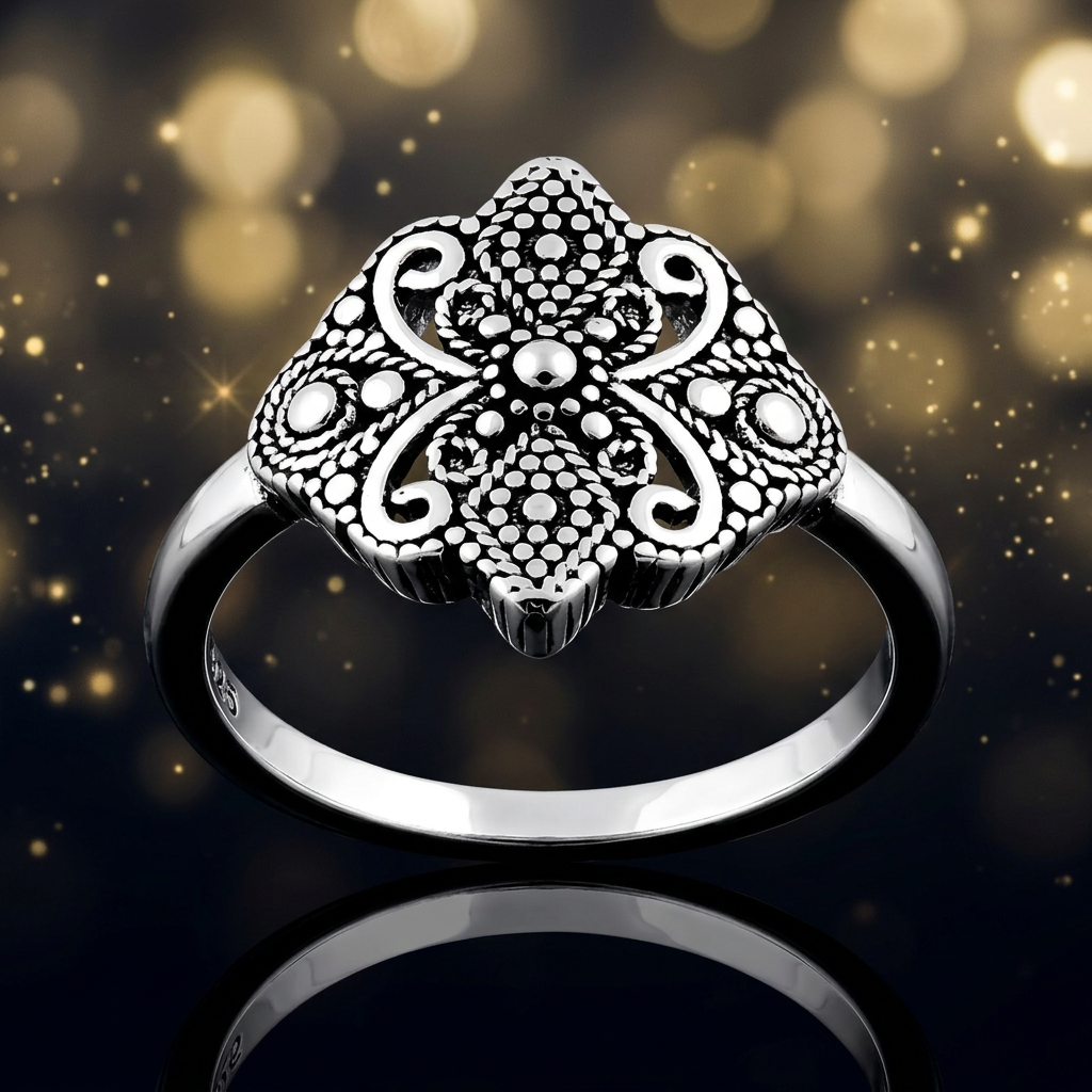 Sterling Silver Oxidized Bali Beaded Four Petal Scroll Ring for Women life4