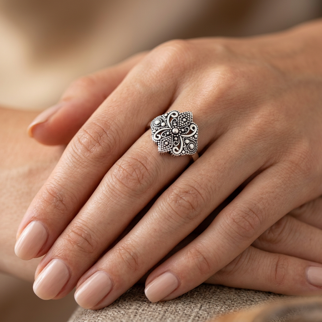 Sterling Silver Oxidized Bali Beaded Four Petal Scroll Ring for Women model