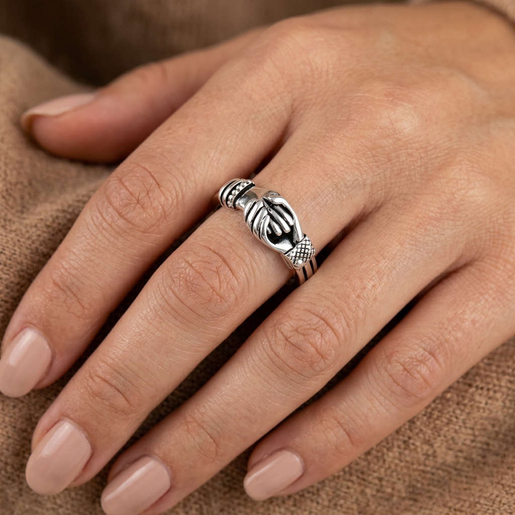 Sterling Silver 3.3mm Oxidized Clasped Hands Friendship Ring for Women model