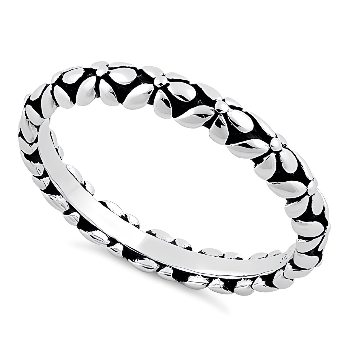 Sterling Silver 3.2mm Oxidized Flower Chain Eternity Stacking Ring for Women