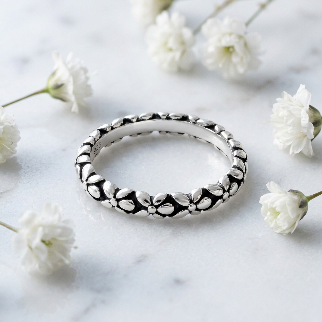 Sterling Silver 3.2mm Oxidized Flower Chain Eternity Stacking Ring for Women life1