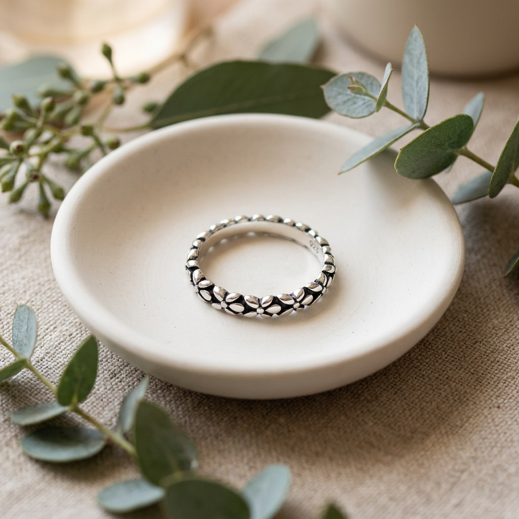 Sterling Silver 3.2mm Oxidized Flower Chain Eternity Stacking Ring for Women life2