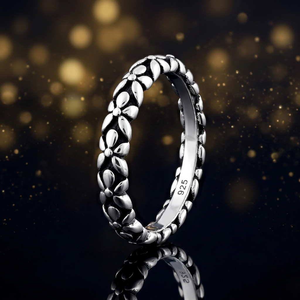 Sterling Silver 3.2mm Oxidized Flower Chain Eternity Stacking Ring for Women life4