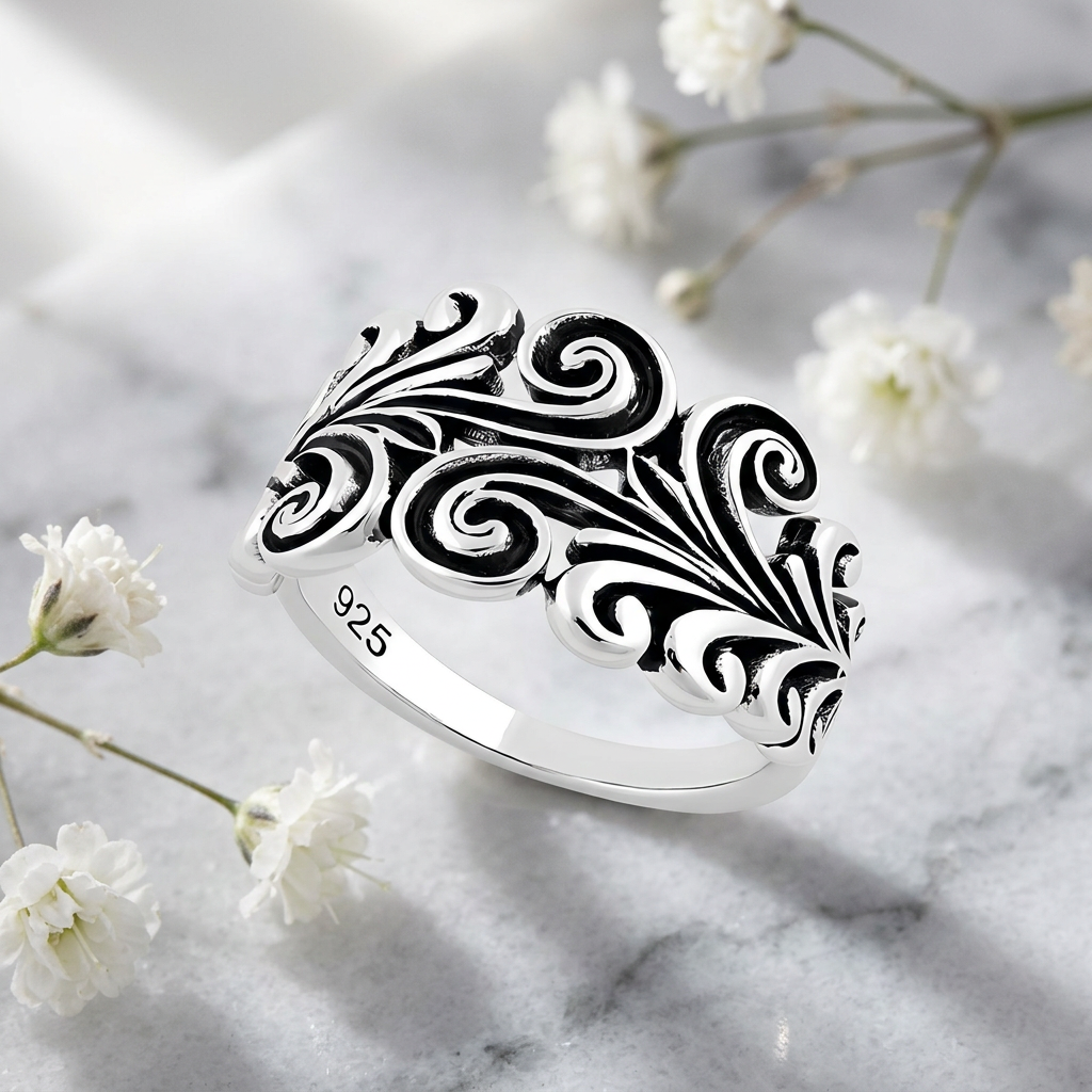Sterling Silver 3.3mm Oxidized Scroll Swirl Filigree Band Ring for Women life1