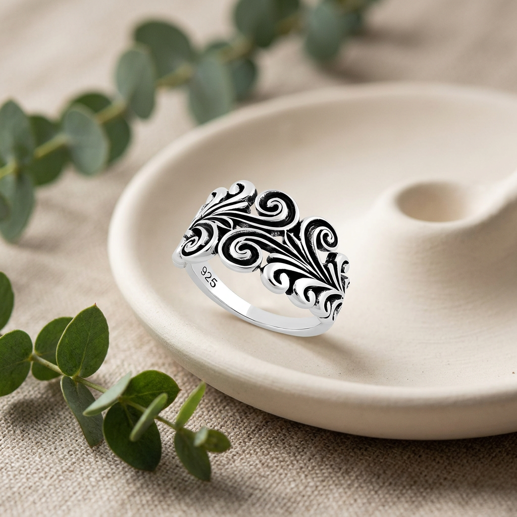 Sterling Silver 3.3mm Oxidized Scroll Swirl Filigree Band Ring for Women life2