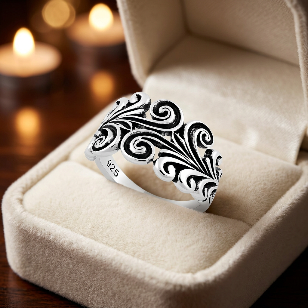 Sterling Silver 3.3mm Oxidized Scroll Swirl Filigree Band Ring for Women life3