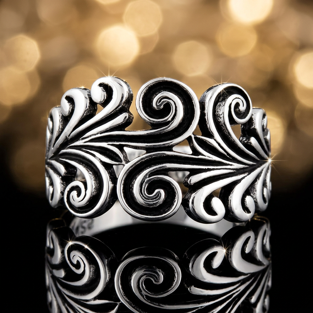 Sterling Silver 3.3mm Oxidized Scroll Swirl Filigree Band Ring for Women life4
