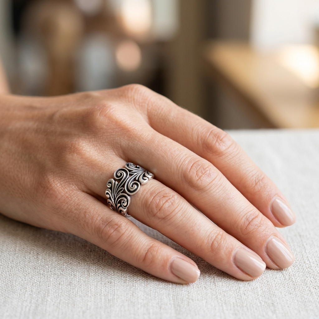 Sterling Silver 3.3mm Oxidized Scroll Swirl Filigree Band Ring for Women model