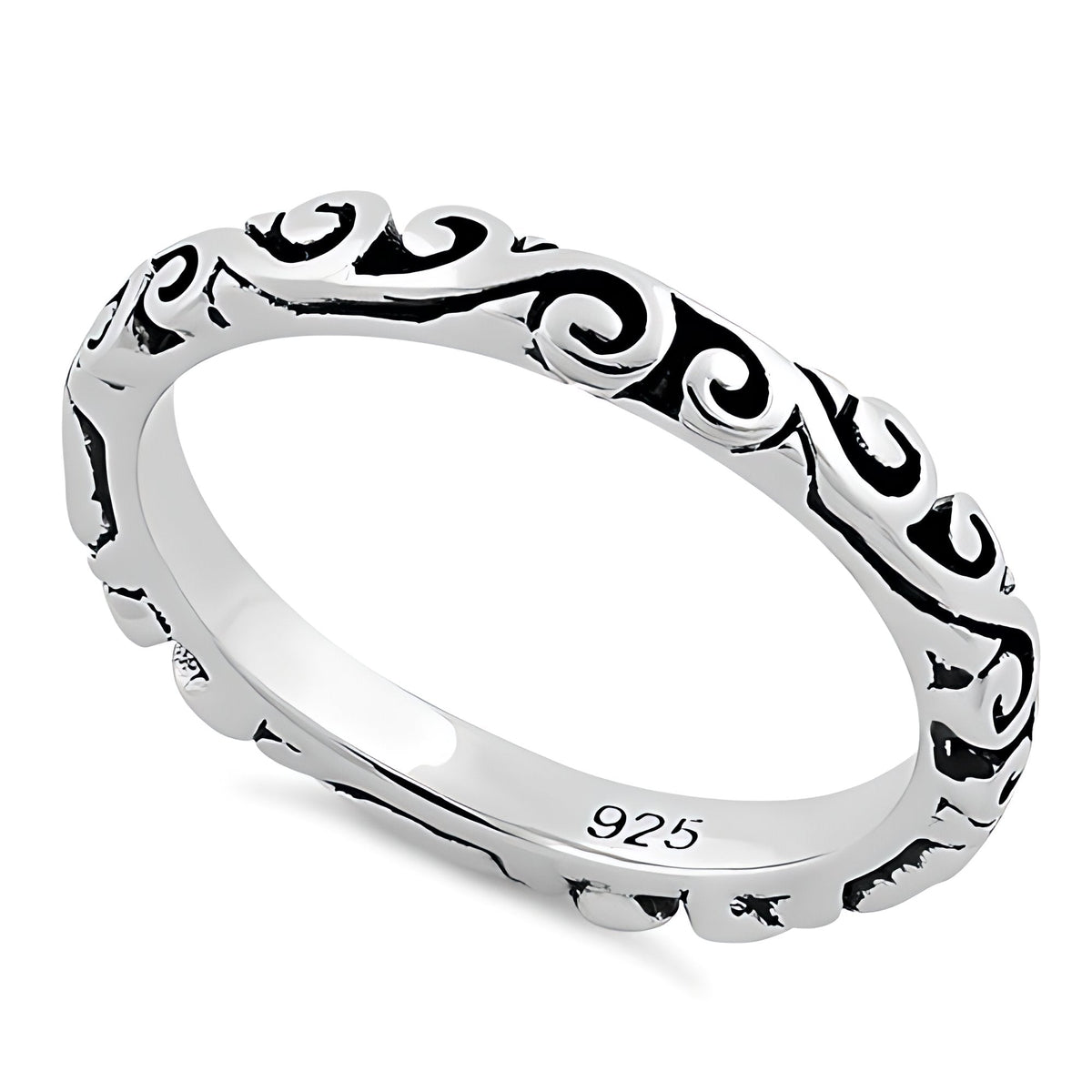 Sterling Silver 3mm Oxidized Wave Scroll Stacking Band Ring for Women