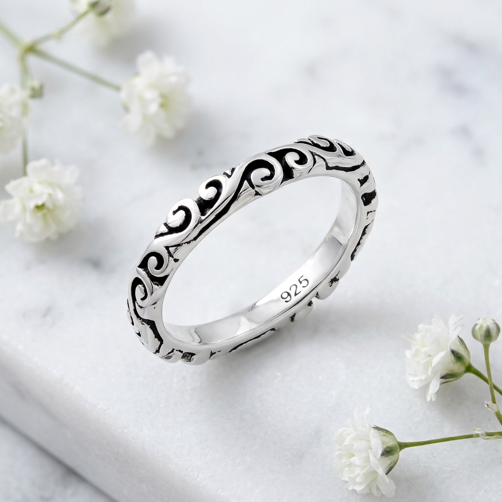 Sterling Silver 3mm Oxidized Wave Scroll Stacking Band Ring for Women life1