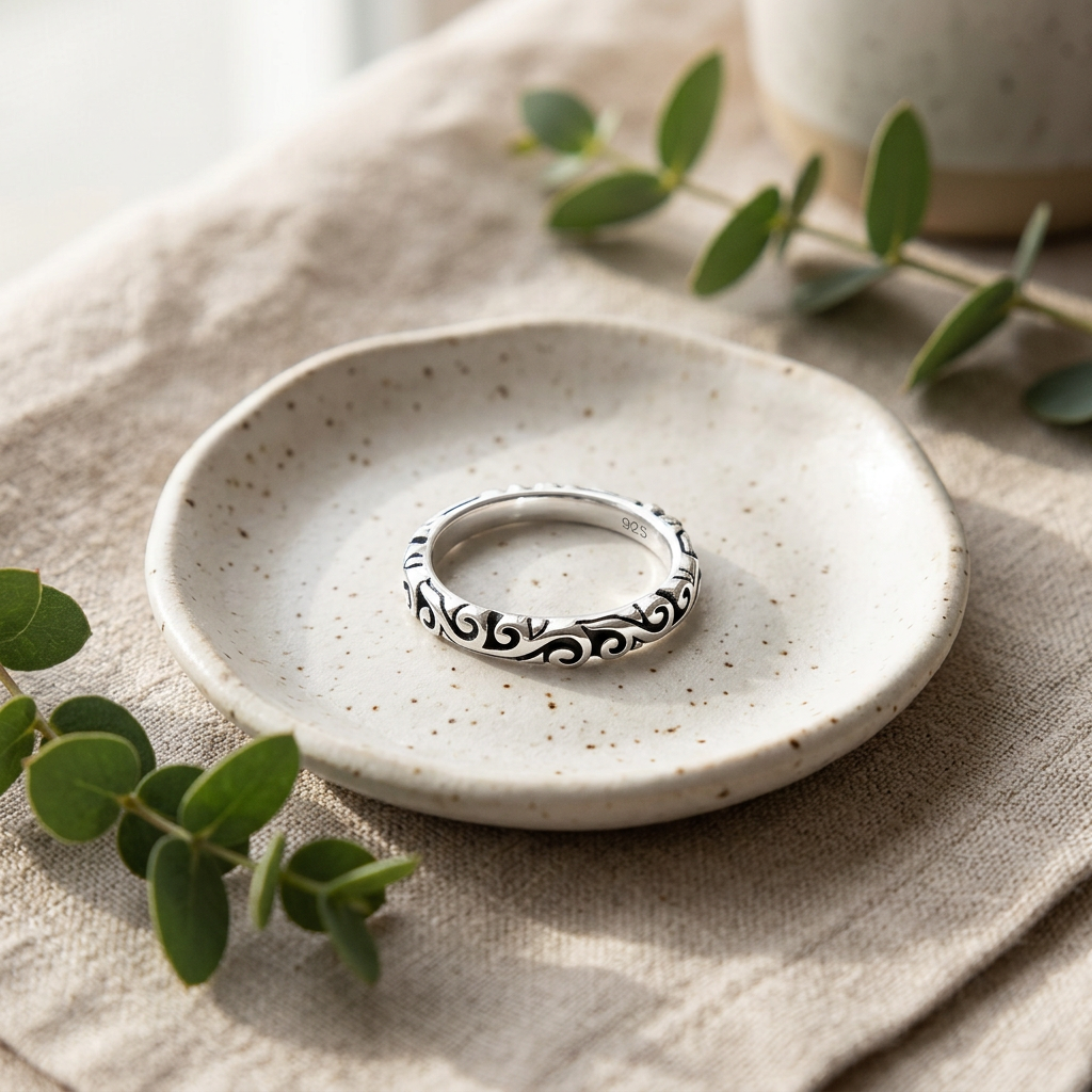Sterling Silver 3mm Oxidized Wave Scroll Stacking Band Ring for Women life2