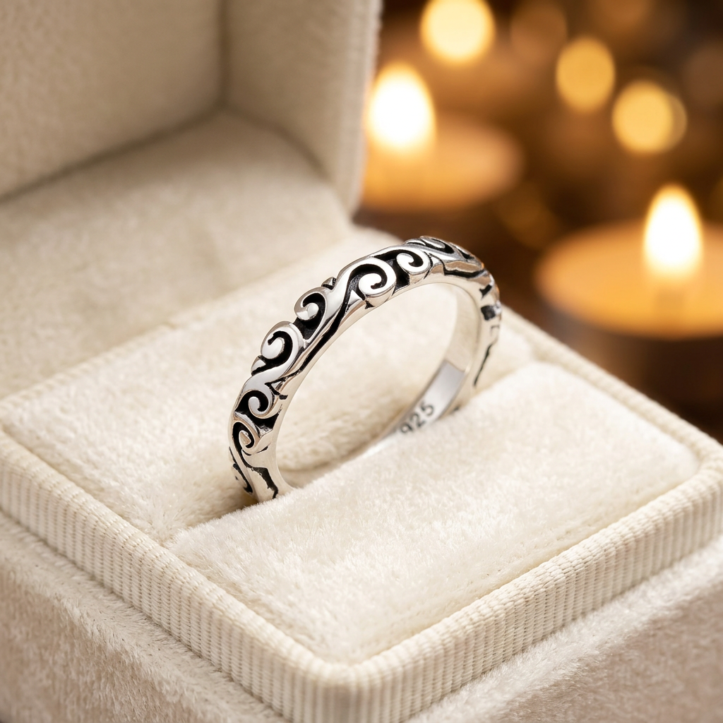Sterling Silver 3mm Oxidized Wave Scroll Stacking Band Ring for Women life3