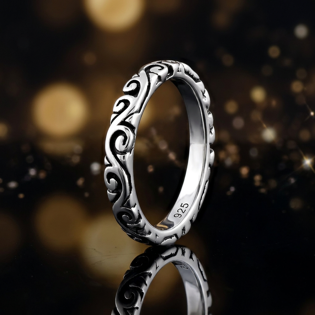 Sterling Silver 3mm Oxidized Wave Scroll Stacking Band Ring for Women life4