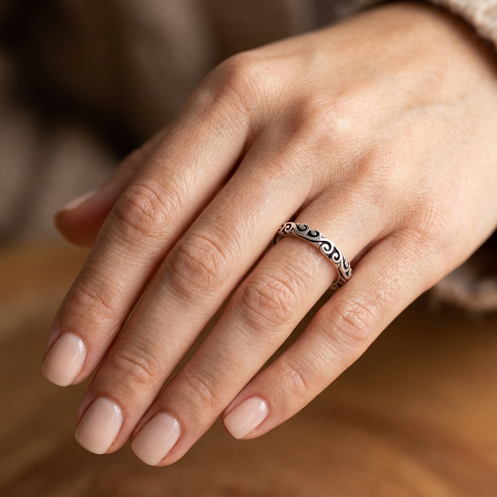 Sterling Silver 3mm Oxidized Wave Scroll Stacking Band Ring for Women model